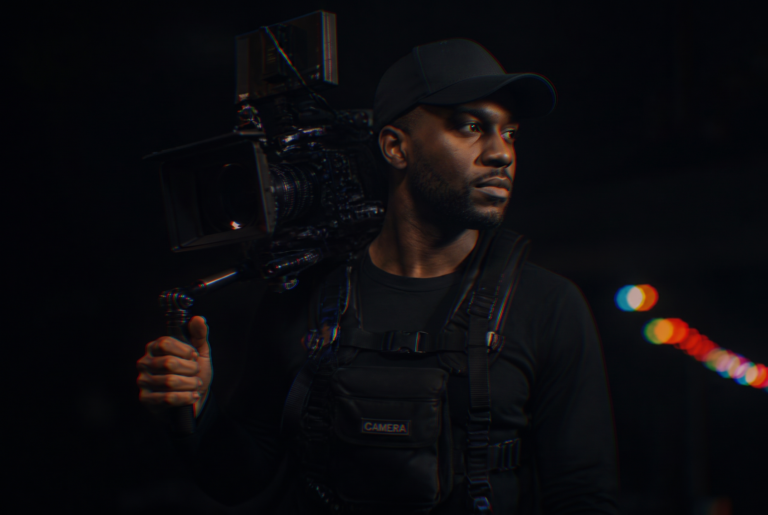 Camera operator holding a cinema camera in dramatic light